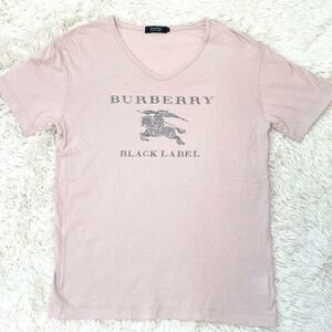 【美品 L】BURBERRY BLACK LABEL バーバリーブラックレーベル Tシャツ カットソー 半袖 ビッグロゴ ホースロゴ Vネック ピンク サイズ3