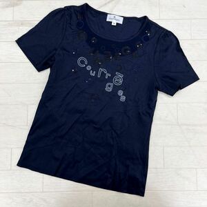 1438◎ courreges クレージュ トップス カットソー tシャツ 半袖 クルーネック ロゴ 刺繍 スパンコール ネイビー レディース38