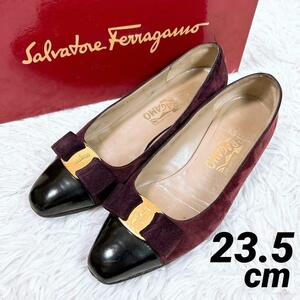 23.5cm★Salvatore Ferragamo サルヴァトーレフェラガモ パンプス ヴァラリボン バイカラー パープル 紫×ブラック 黒