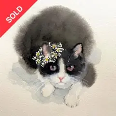 水彩画　絵画　猫の絵