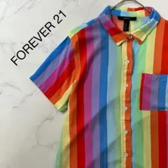 美品 FOREVER 21 ストライプ レインボー 半袖 シャツ ブラウス M