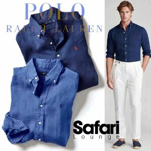 【POLO RALPH LAUREN】Safari掲載◎!!ポロ ラルフローレン クラシックフィット リネンシャツ ポニーロゴ 刺繍ボタンダウンシャツ ネイビー