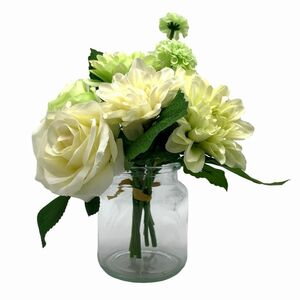 造花 バラ ダリア ガラスの花瓶入り シンプル (ホワイト×グリーン)