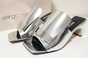 E417 極美品 sergio rossi セルジオロッシ SR-1 metallic サンダル ミュール シューズ ヒール シルバー SIZE34.5 約21.5cm～22cm相当