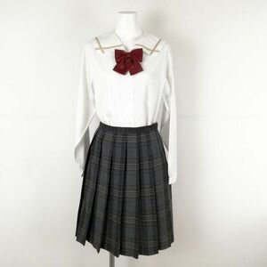 1円 セーラー服 チェックスカート 上下3点セット カンコー 中間服 ベージュ1本線 女子 学生服 岡山南高校 白 制服 中古 ランクB NA0122