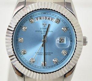 【1円スタート】 LGXIGE 腕時計 ターコイズブルー カレンダー機能 ステンレス シルバー メンズ 時計 ブルー オイスターパーペチュアル 