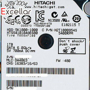 【中古】HITACHI ノート用HDD 2.5inch HTS541010A9E680 1TB 2000～3000時間以内 [管理:1050023478]