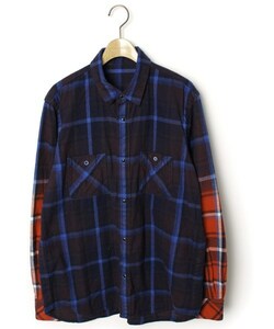 美品17AW sacai サカイ Flannel Plaid Shirt 製品染め グラデーション 長袖ネルシャツ 青×赤 チェックネルシャツ