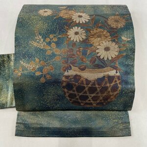 名古屋帯 美品 優品 菊 花籠 箔 青緑 正絹 【中古】