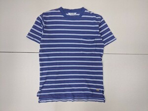 15．90s00s BROCKS BROTHERS ブルックスブラザーズ GOLDEN FLEECE ボーダー柄 コットン裾ロゴ 半袖ポケットTシャツ メンズS 群青白系 x309