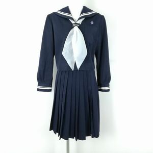 1円 セーラー服 スカート スカーフ 上下3点セット 冬物 白2本線 女子 学生服 高知土佐女子高校 紺 制服 中古 ランクC EY9928