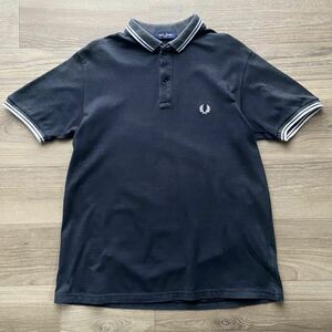 古着 FRED PERRY フレッドペリー 刺繍ロゴ 半袖 ポロシャツ鹿の子 ブラック Lサイズ