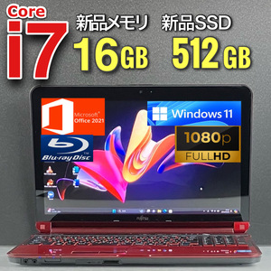 フルHD【高速i7/メモリ16GB/新品SSD512GB】Core i7-3.30GHz/人気富士通ノートパソコン/Windows11Pro/Office2021/Blu-ray/Webカメラ/USB3.0