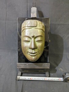 仏教美術 銅製 仏像 救世観音半面 木製卓上イーゼル付 観音様 法隆寺救世観音半面 古銅 青銅 アンティーク 新田藤太郎？ 骨董 縁起物