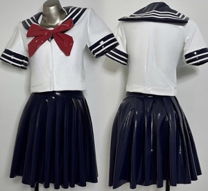 同梱不可 超光沢 セーラー風トップス、プリーツスカート 学生制服 仮装 コスチューム ストレッチ 上下セット (ホワイト×ネイビー)Ｌ