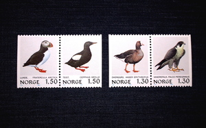 ノルウェー切手　鳥・４種未使用　チドリ目２種、カリガネ、ハヤブサ　1981年