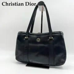 美品 Christian Dior トートバッグ がま口 ロゴ金具 レザー 黒