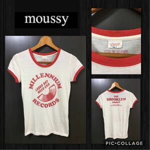 ◆moussy マウジー 半袖カットソー Tシャツ パイピング ロゴプリン アメカジ 薄手 サイズ1 レディースS 比較的綺麗