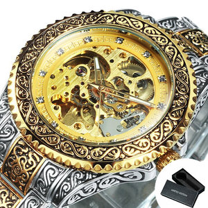【ゴールド×ゴールド】メンズ高品質腕時計 海外人気ブランド T-WINNER スケルトン 機械式 ヴィンテージ 王室ファッション クリスタル