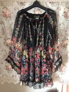 ERUKEI 袖フレアー花柄シフォンワンピース フラワー レディース