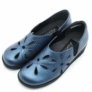 ティアラ コンフォートシューズ 美品 日本製 3E 幅広 フラワー ウェッジ パンプス スニーカー 靴 レディース 21.5cmサイズ ブルー Tiara