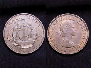 【イギリス】 1966年 ハーフペニー 1/2 Penny エリザベス2世 帆船 銅貨