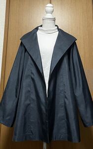 着物リメイク シンプル　藍色系　大島のフード付きジャケット　L〜LLサイズ