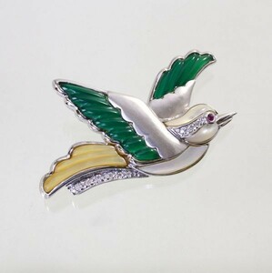 ◎中古美品◎１８金WG　ルビー＆ダイヤ　鳥デザイン　ブローチ