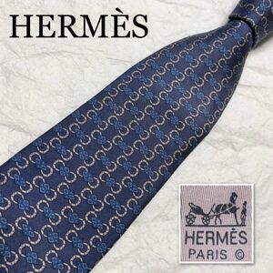 HERMES エルメス　ネクタイ　馬蹄　菱形　ビジュー　ジュエリー　総柄　シルク100% フランス製　ブルー系