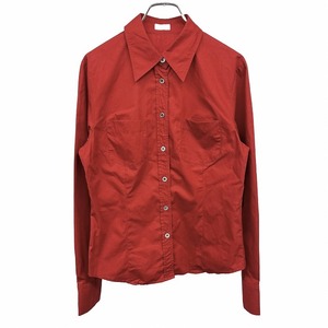 エル ELLE シャツ 無地 両胸ポケット 長袖 シェル風のボタン レギュラーカラー ポケットから下にダーツ 綿100% レッド 赤 レディース