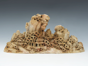 中国美術 楼閣図 盆景石 彫刻 39cm×8cm×18cm 重:4.3㎏ 寿山石 景道 盆栽 盆石 観賞石 天然石 自然石 (検) 唐物 古玩　z6758t