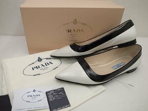 美品☆【PRADA】プラダ フラットシューズ パンプス ホワイト×ブラック #37 Italy製 　国内正規品