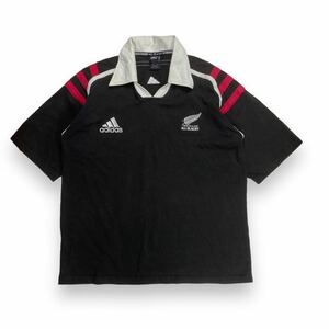 adidas アディダス オールブラックス 半袖 ラガーシャツ ポロシャツ ブラック×レッド XL