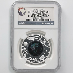 2013 オーストラリア オパールシリーズ ピグミーポッサム 1ドル銀貨オパール嵌め込み プルーフ NGC PF 70 UC 最高鑑定 完全未使用品