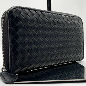 人気色/極美品 Bottega Veneta ボッテガヴェネタ 長財布 ラウンドファスナー イントレチャート メンズ 黒 ブラック レザー 本革 ビジネス