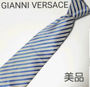 GIANNI VERSACE ジャンニ ヴェルサーチ ネクタイ シルク100% イタリア製 美品 ブルー×イエロー×ホワイト ストライプ レジメンタル