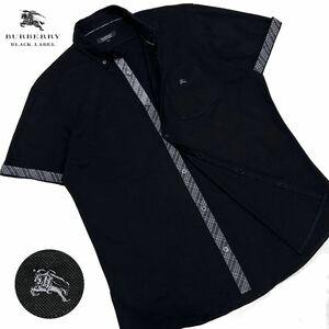 未使用級/Lサイズ●バーバリーブラックレーベル ホース刺繍 ノバチェック 半袖BDシャツ ロールアップ 通気性抜群 黒 BURBERRY BLACK LABEL