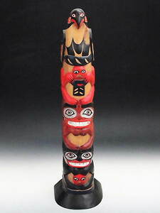 北米 ネイティブ インディアン作 木製 手彩色 トーテムポール ◆ 米国アンティーク