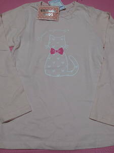 新品 130 ネコ柄 長袖Tシャツ 綿100％ ピンク リボン ハート レース風プリント かわいい 猫柄 女の子 小学生 春物 120cm～ 双子 送料無料