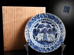 【雲】某収集家買取品 中国古玩 唐物 染付花鶴人物紋飾皿 直径23cm 箱付 古美術品(旧家蔵出) BA9672 UTcdsw