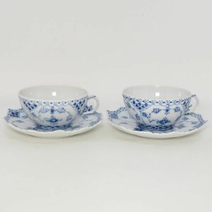 ロイヤルコペンハーゲン カップ&ソーサー■ブルーフルーテッド フルレース Royal Copenhagen C&S 洋食器 2客セット 1級品