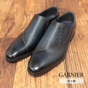 1円/GARNIER/S(25-25.5cm)/訳 国産レザーシューズ 速乾 抗菌 機能性 イタリア製ソール 上品 きれいめ サイドレース 新品/黒×紺/ig222/