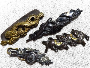 時代金具まとめて4点 龍 花車など 彫金細工 金工細工