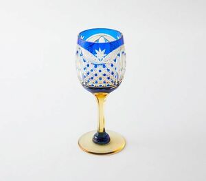 送料無料江戸切子アンバークリスタルワイングラス（瑠璃）伝統工芸品 切子グラス（114）