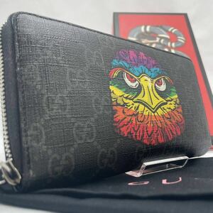 入手困難/極美品●GUCCI グッチ 長財布 ラウンドファスナー アニマリエ イーグル 鷹 GGスプリーム メンズ マルチカラー ブラック 黒 メンズ