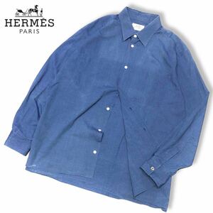 フランス製 国内正規品 HERMES エルメス 長袖コットン デニムシャツ L/S Denim dress shirt セリエ ロゴ ボタン 42 インディゴ メンズ