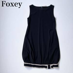 FOXEY NEW YORK フォクシーニューヨーク 膝丈ワンピース　ドレス　ノースリーブ 裾リボン　ブラック レディース