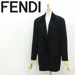 ヴィンテージ●FENDI フェンディ ベロア切替 ウール コート 黒 ブラック