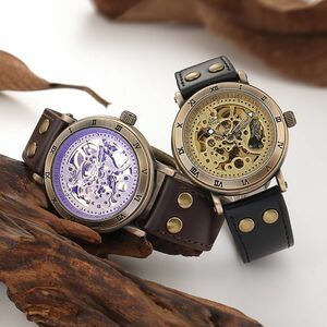 新品◆腕時計 メンズ 機械式 スケルトン 海外ぶら 自動巻き 防水 スチームパンク ヴィンテージ スポーツ腕時計 カラー:ブラック DJ068
