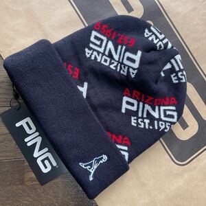 送料無料PING GOLFピンゴルフARIZONA PINGモノグラム編地柄ニット帽ワッチMr.pingモチーフ防寒保温性二重構造耳スッポリBlack(お買得)新品